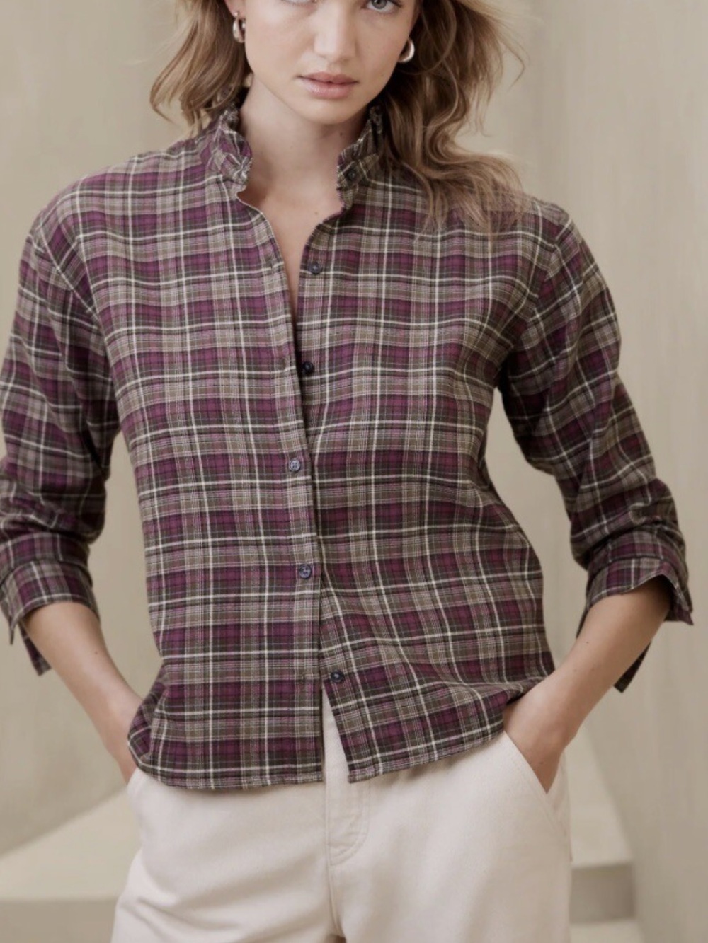 Banana Republic Plaid Ruffle Collar Button Down Shirt Plum Brown M
